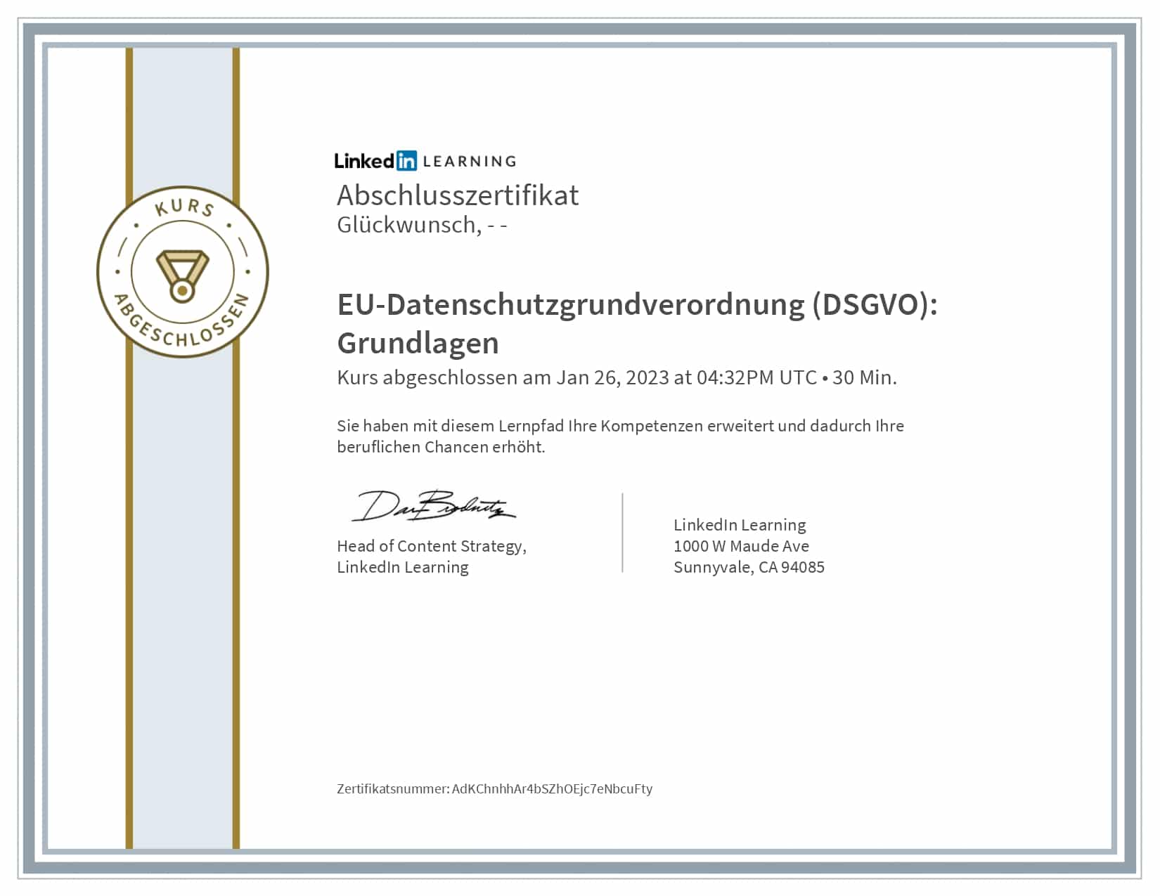 LinkedIn Learning Zertifikat: EU Datenschutzgrundverordnung DSGVO Grundlagen