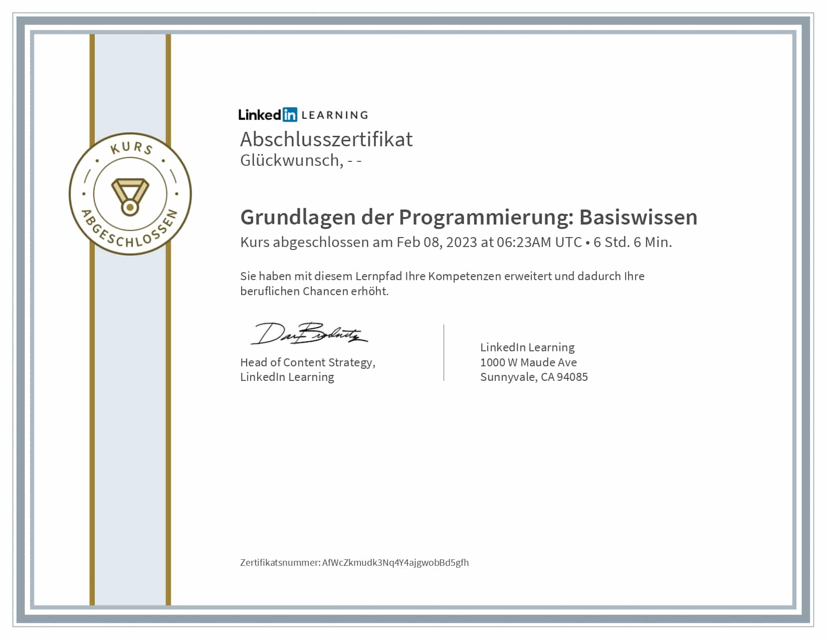 LinkedIn Learning Zertifikat: Grundlagen der Programmierung Basiswissen